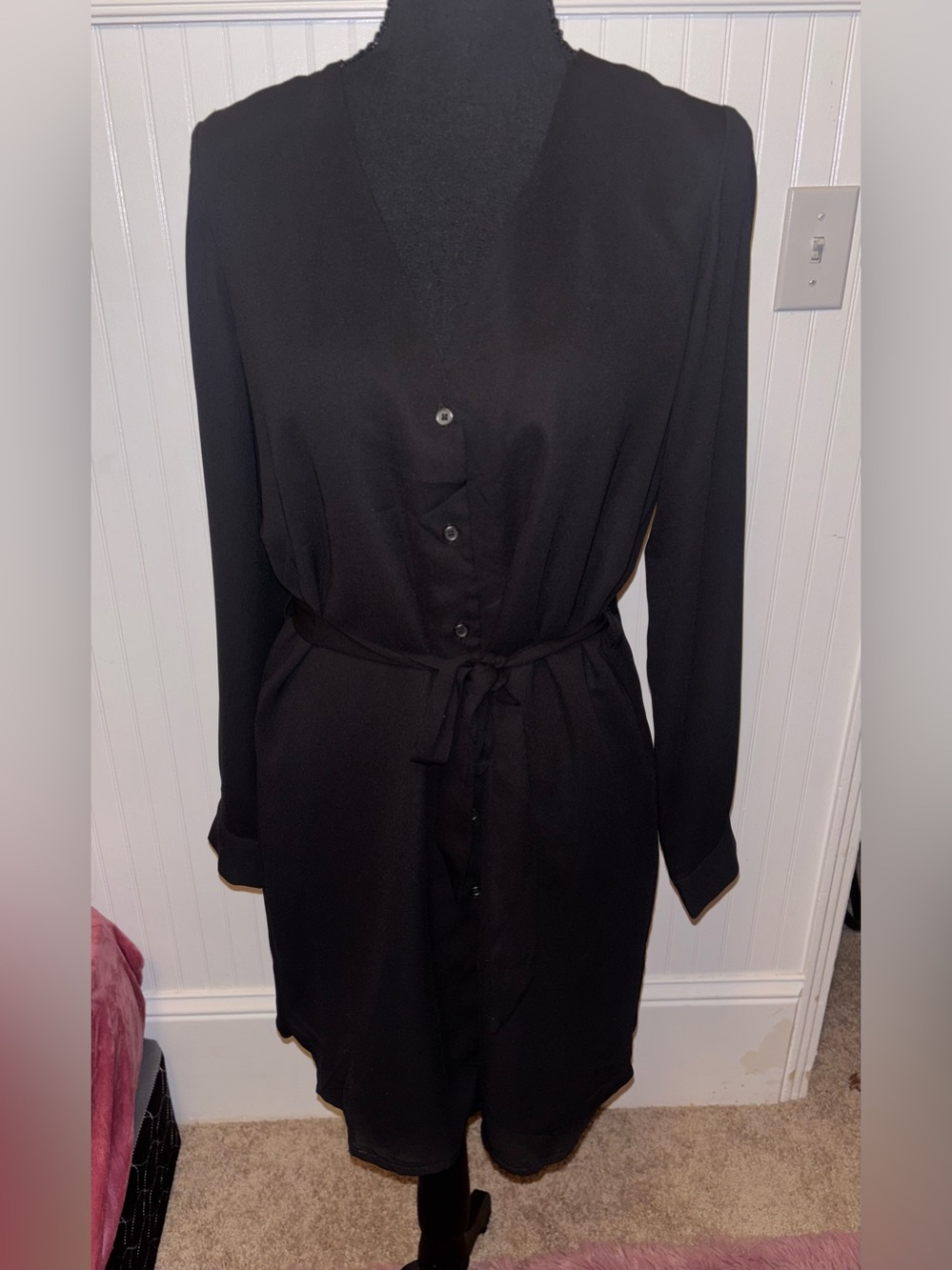Forever 21 Black Long-Sleeve Button Dress with Waist Tie